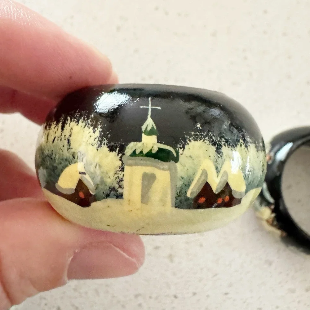6 Vintage Handpainted Russian Napkin Holders Winter Scene Holiday Christmas